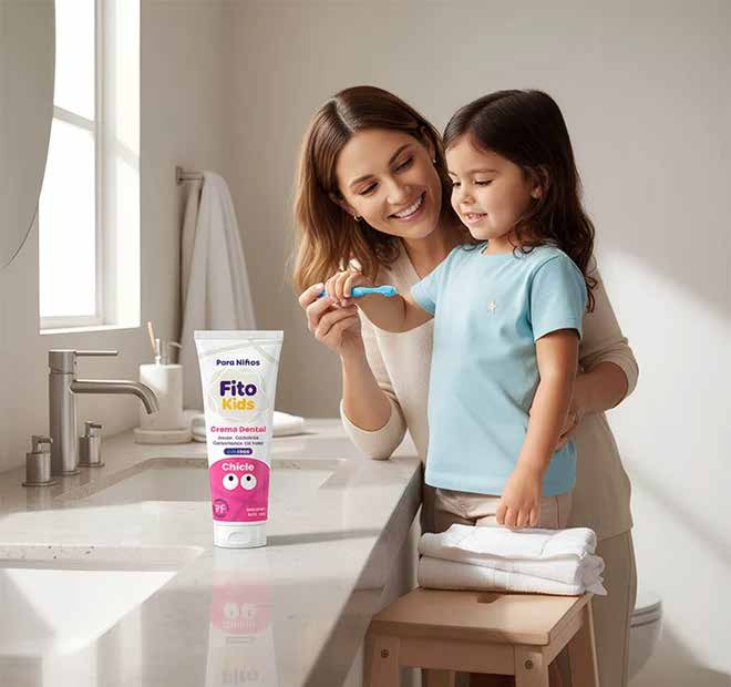 Mamá e hija cepillándose los dientes